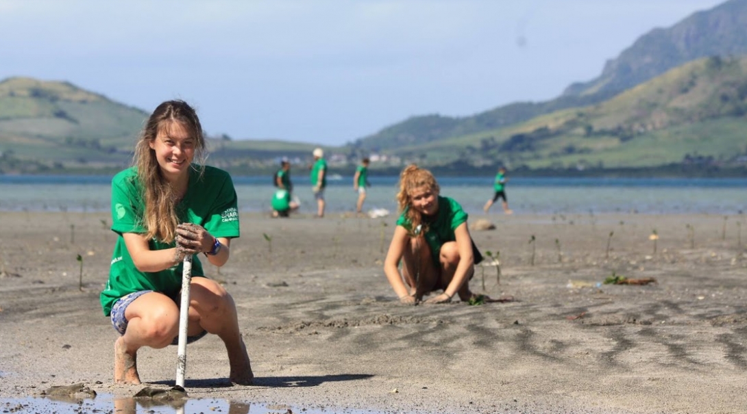 Students volunteering with Projects Abroad for their gap year help plant mangroves in Fiji, South Pacific. 
