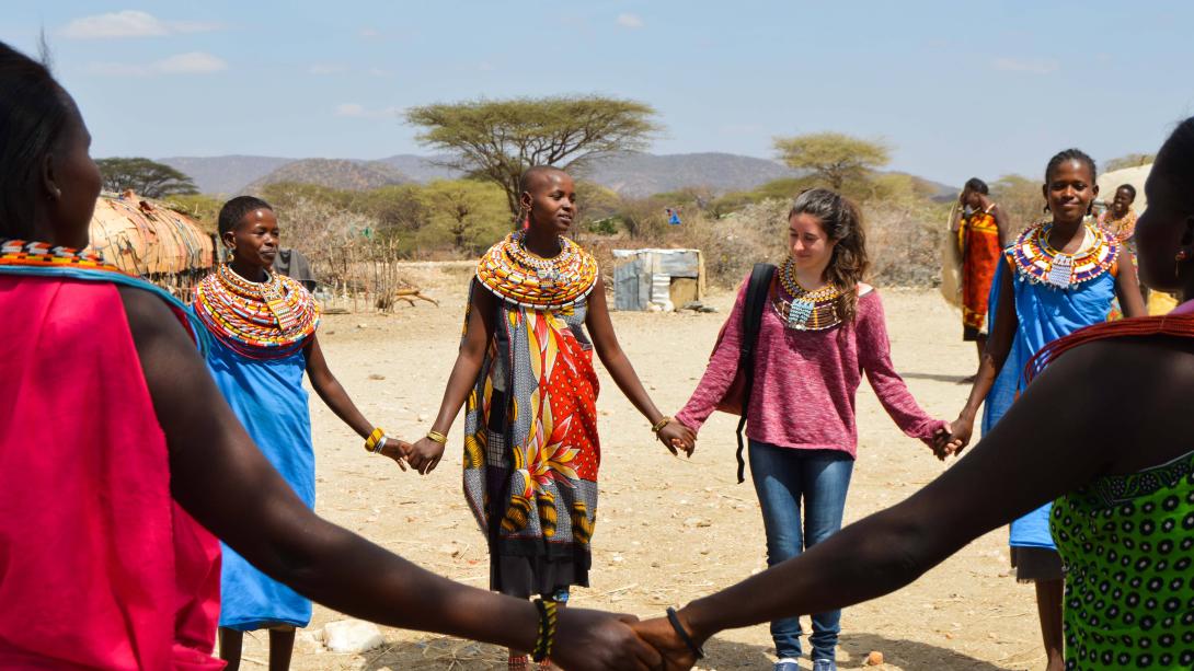 Projects Abroad volunteers learn a traditional dance during their project in Tanzania.